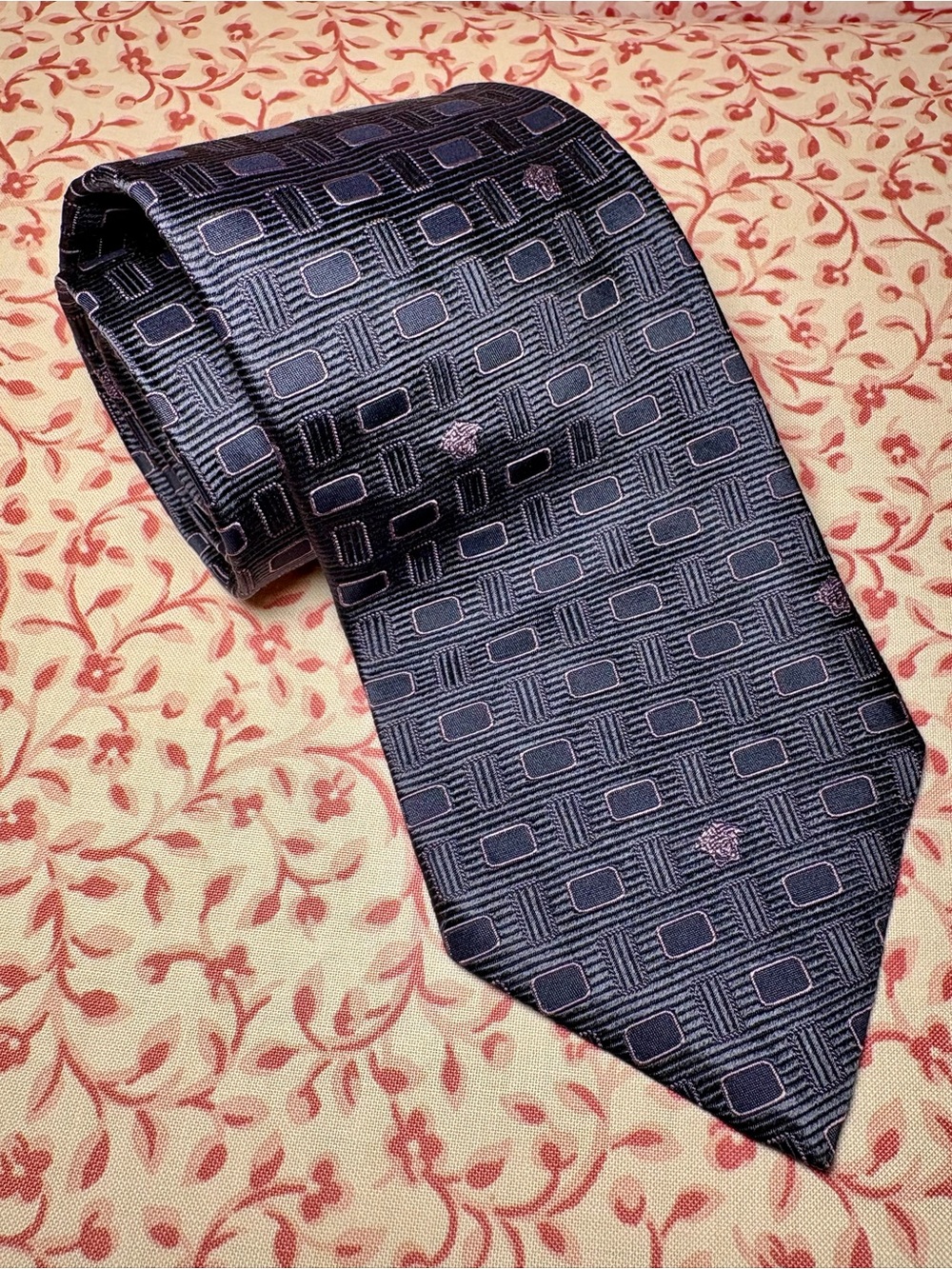 Versace Blue Geometric Jacquard Tie with Medusa Lavender Accents
